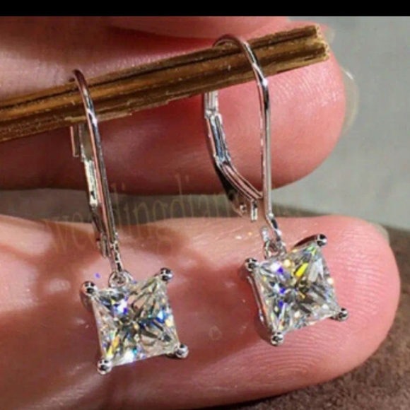 925 Sterling Silver Vintage Square Princess Cut Dangle CZ Diamond Earrings - Picture 1 of 6